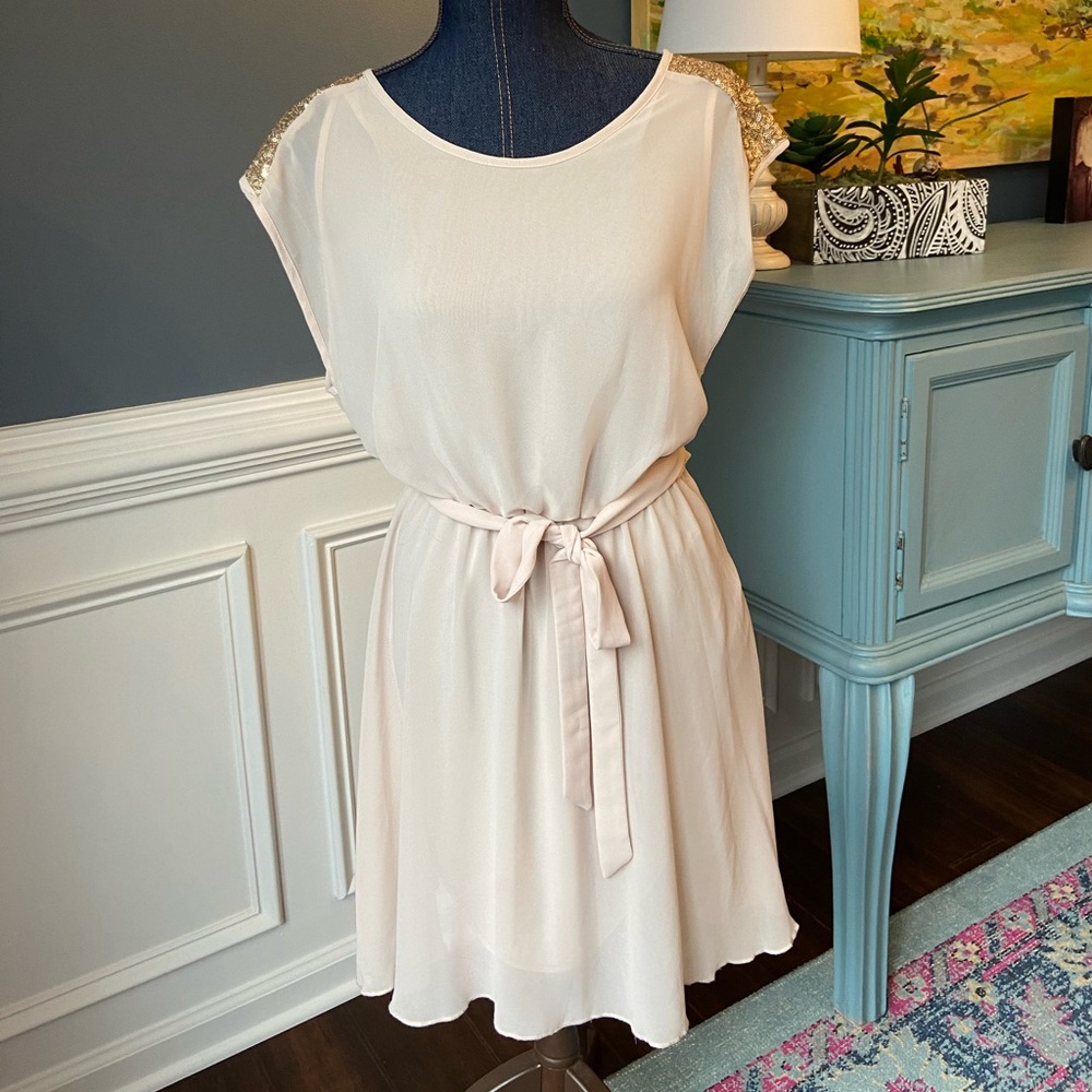 Cream Sequin Caped Dress Sz M
